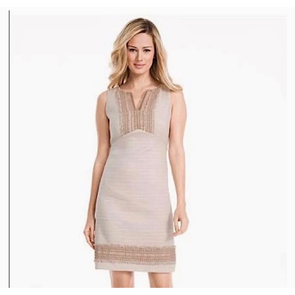 White House Black Market Tweed Linen Blend Sheath Dress Beige Crochet Fringe